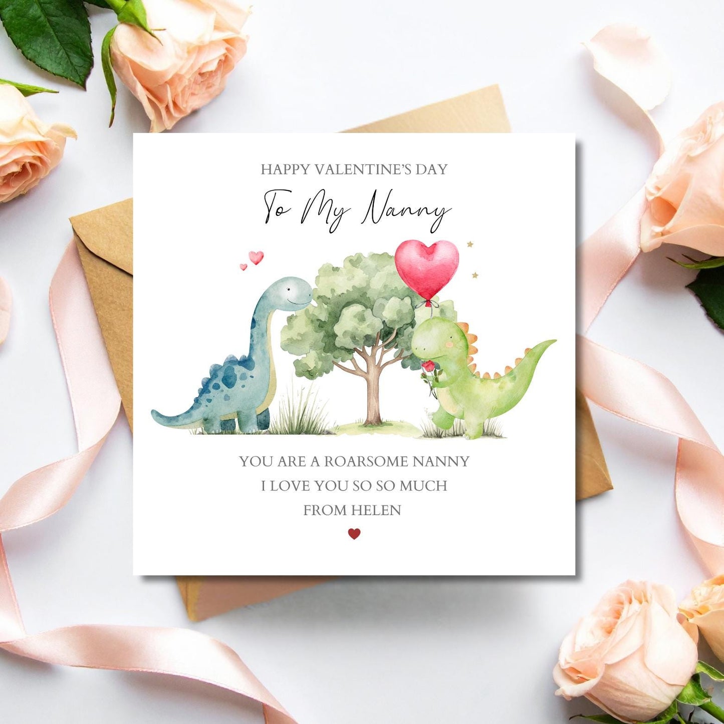 Personalised Dinosaur Nanny Valentine's Day Card, Roarsome Valentine's Card for Grandma, Nanny, Daddy, Mummy, Love Dino Design