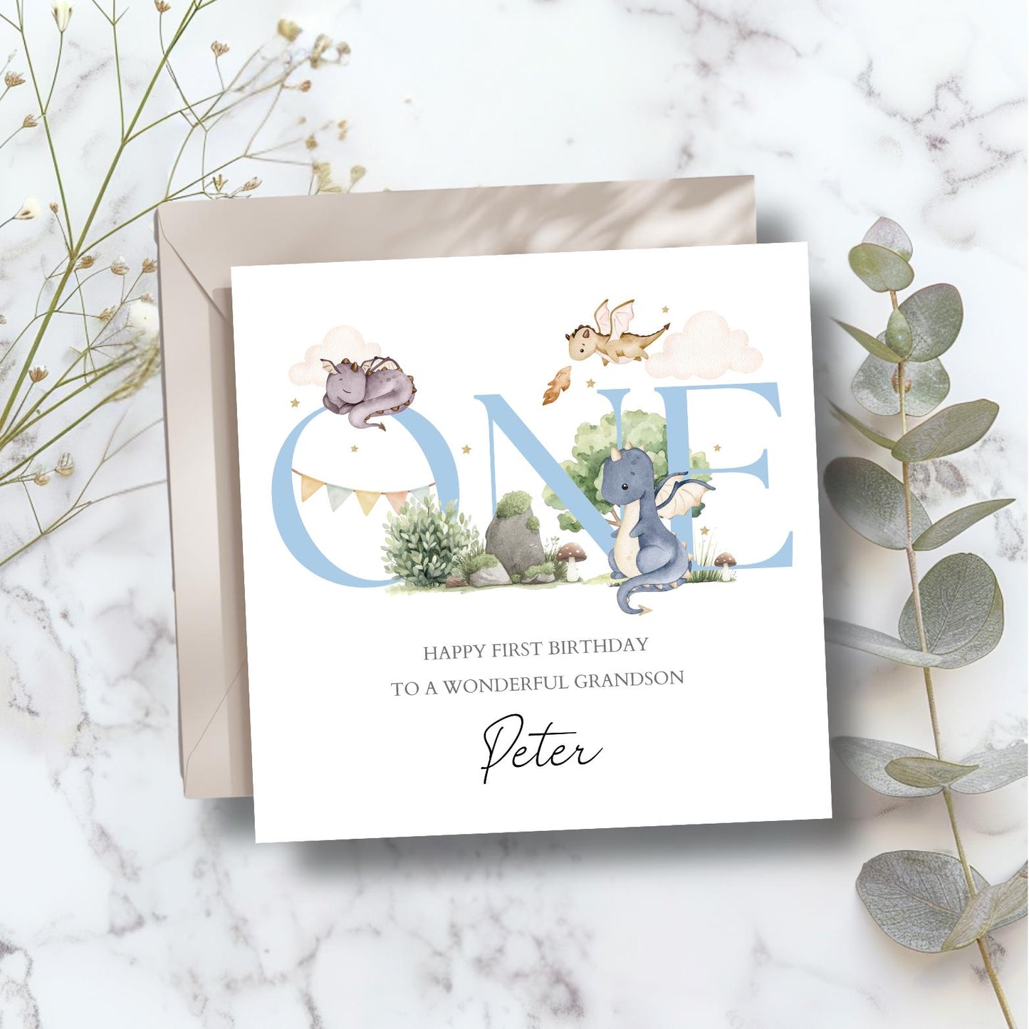 Personalised First Birthday Card With Dragons | Blue Birthday Dragon Card For Son | 1st Birthday Card for Boy, Grandson, Nephew,Any Relation