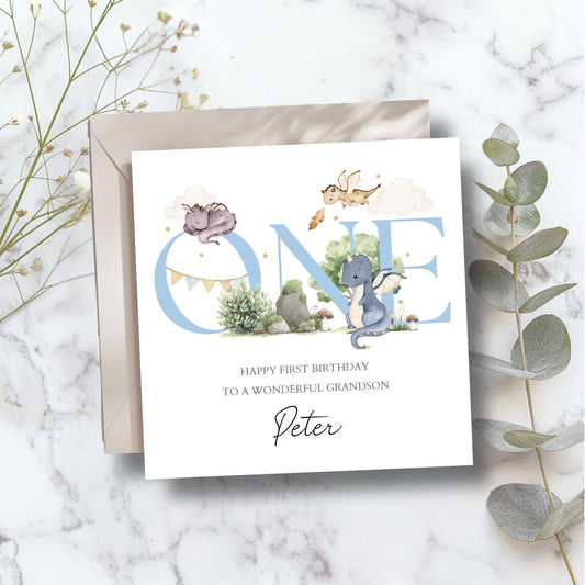 Personalised First Birthday Card With Dragons | Blue Birthday Dragon Card For Son | 1st Birthday Card for Boy, Grandson, Nephew,Any Relation