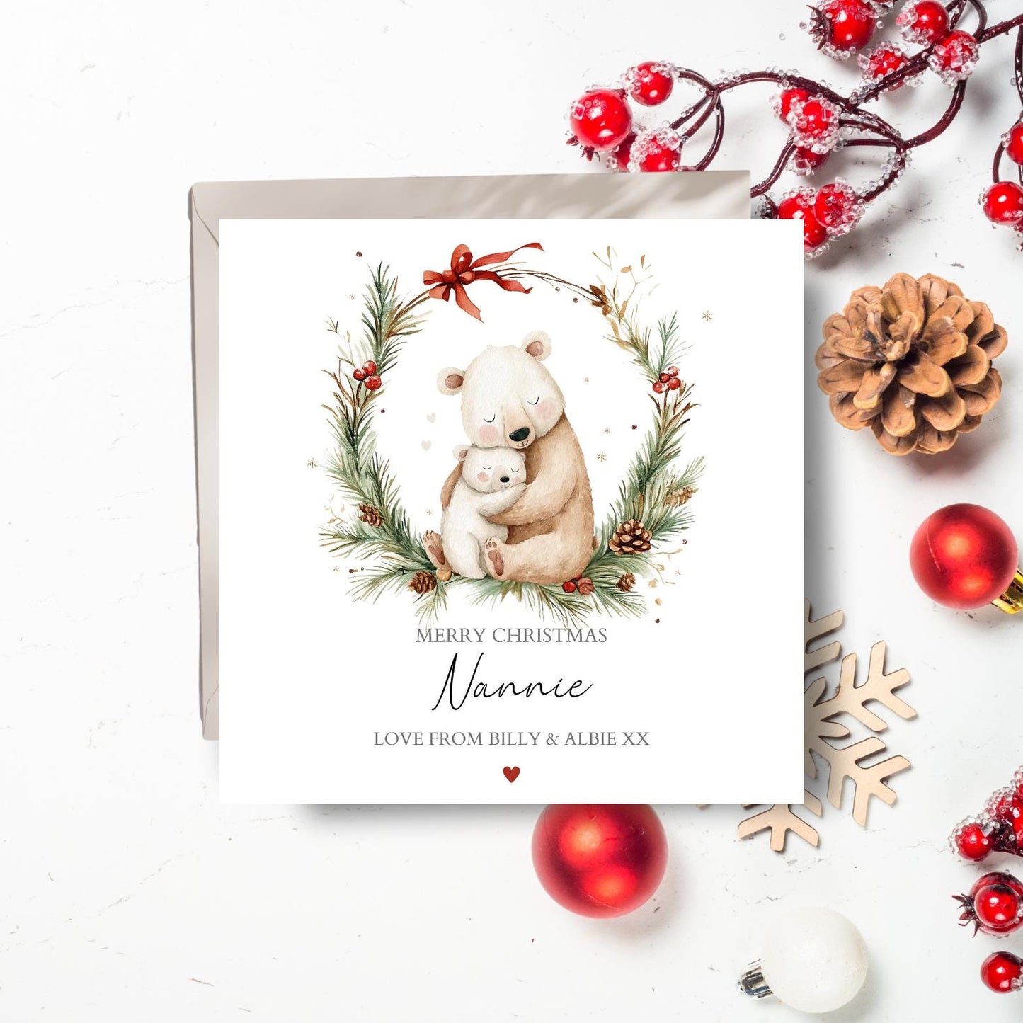 Personalised Daddy Christmas Card - Bears Wreath Mummy Christmas Card- Xmas Parents Card| Christmas Card for Dad, Mum, Nanny, Any Relation