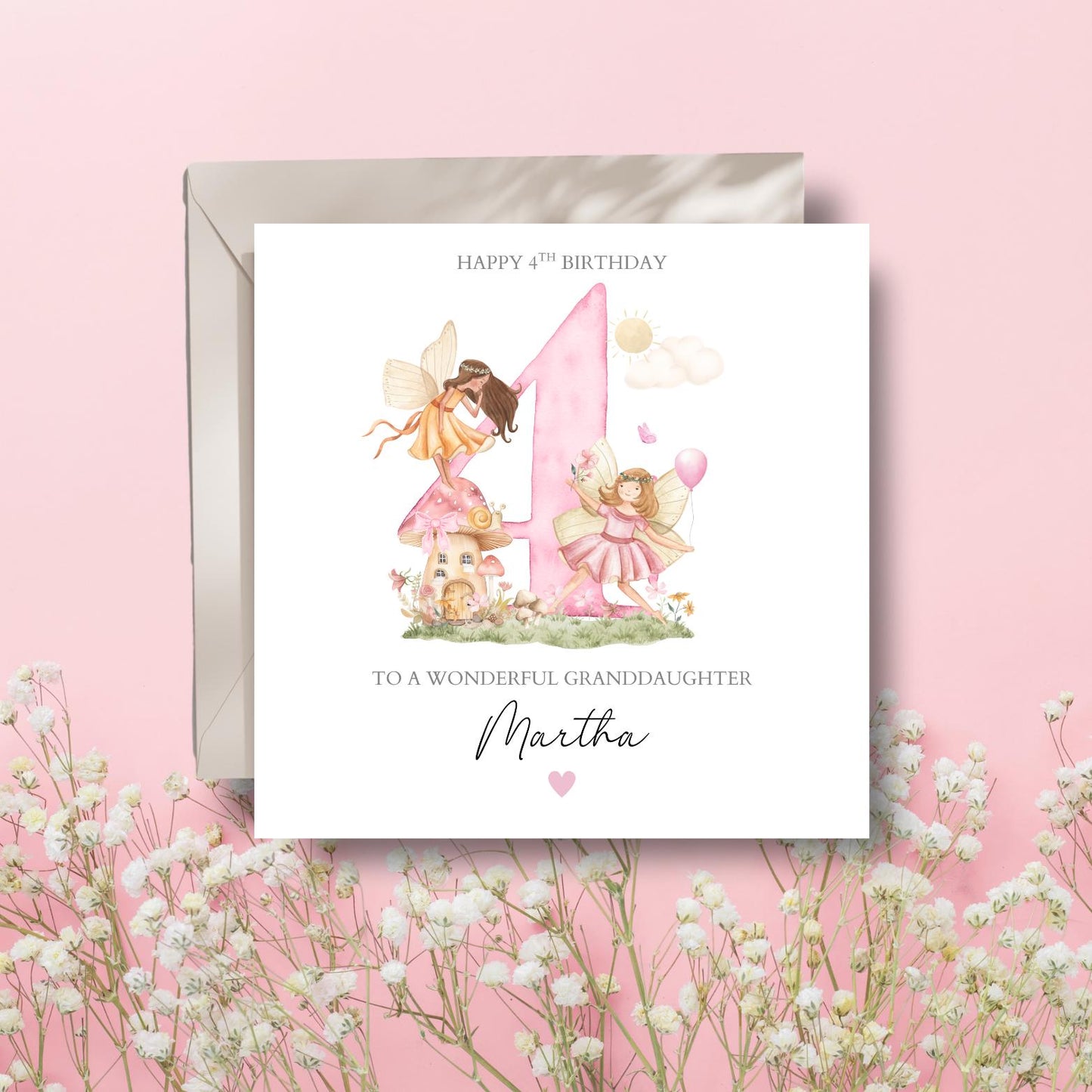 Personalised 4th Birthday Fairy Card |Fourth birthday Magic Pink card |2nd, 3rd Birthday Card for Girl, Granddaughter, Daughter,Any Relation