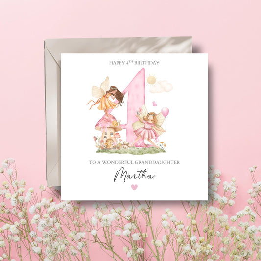 Personalised 4th Birthday Fairy Card |Fourth birthday Magic Pink card |2nd, 3rd Birthday Card for Girl, Granddaughter, Daughter,Any Relation
