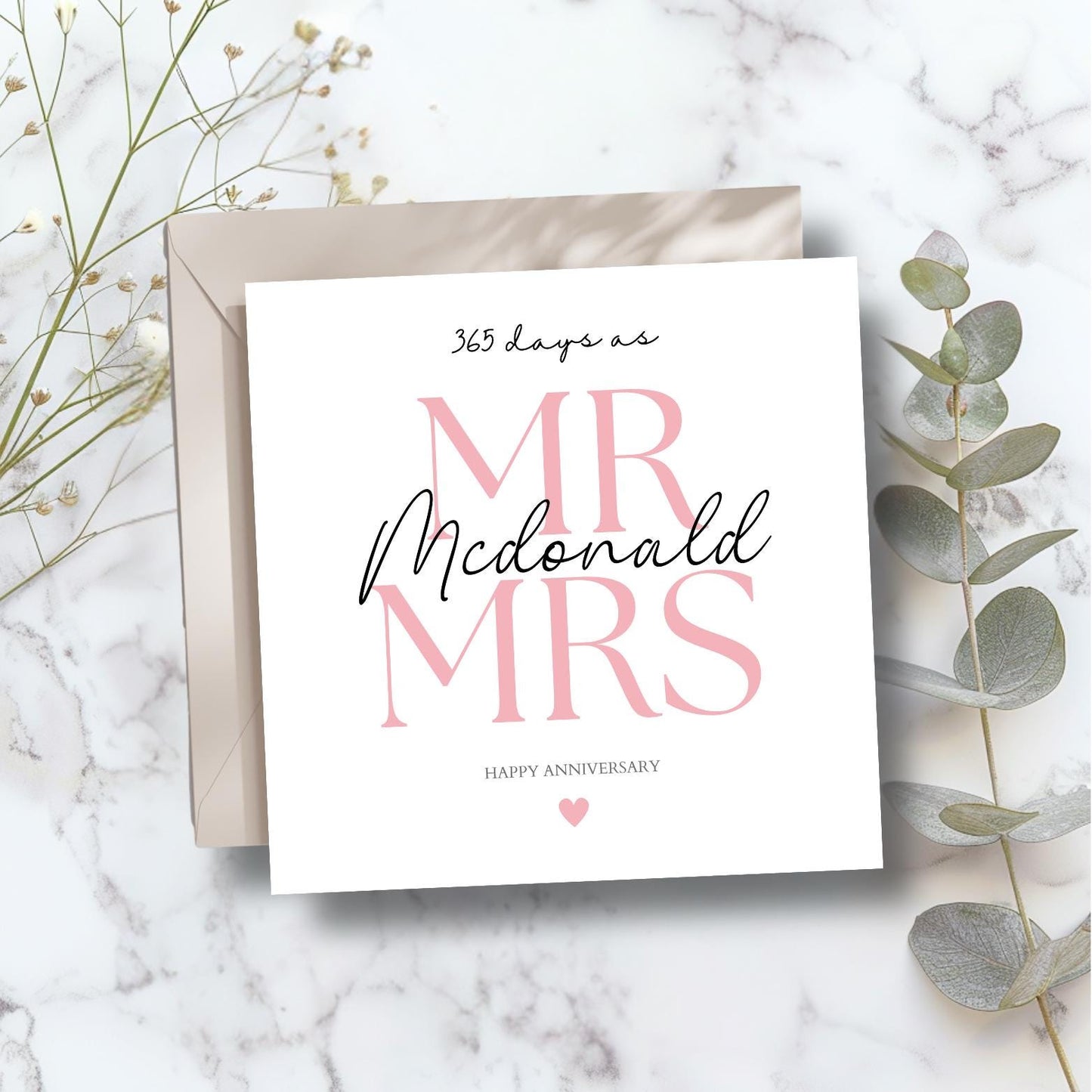 Personalised 365 Days Anniversary Card, 1 Year Wedding Anniversary Card, Beige, Colour Choices, Wedding Card