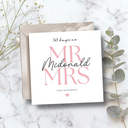 Personalised 365 Days Anniversary Card, 1 Year Wedding Anniversary Card, Pink, Colour Choices, Wedding Card
