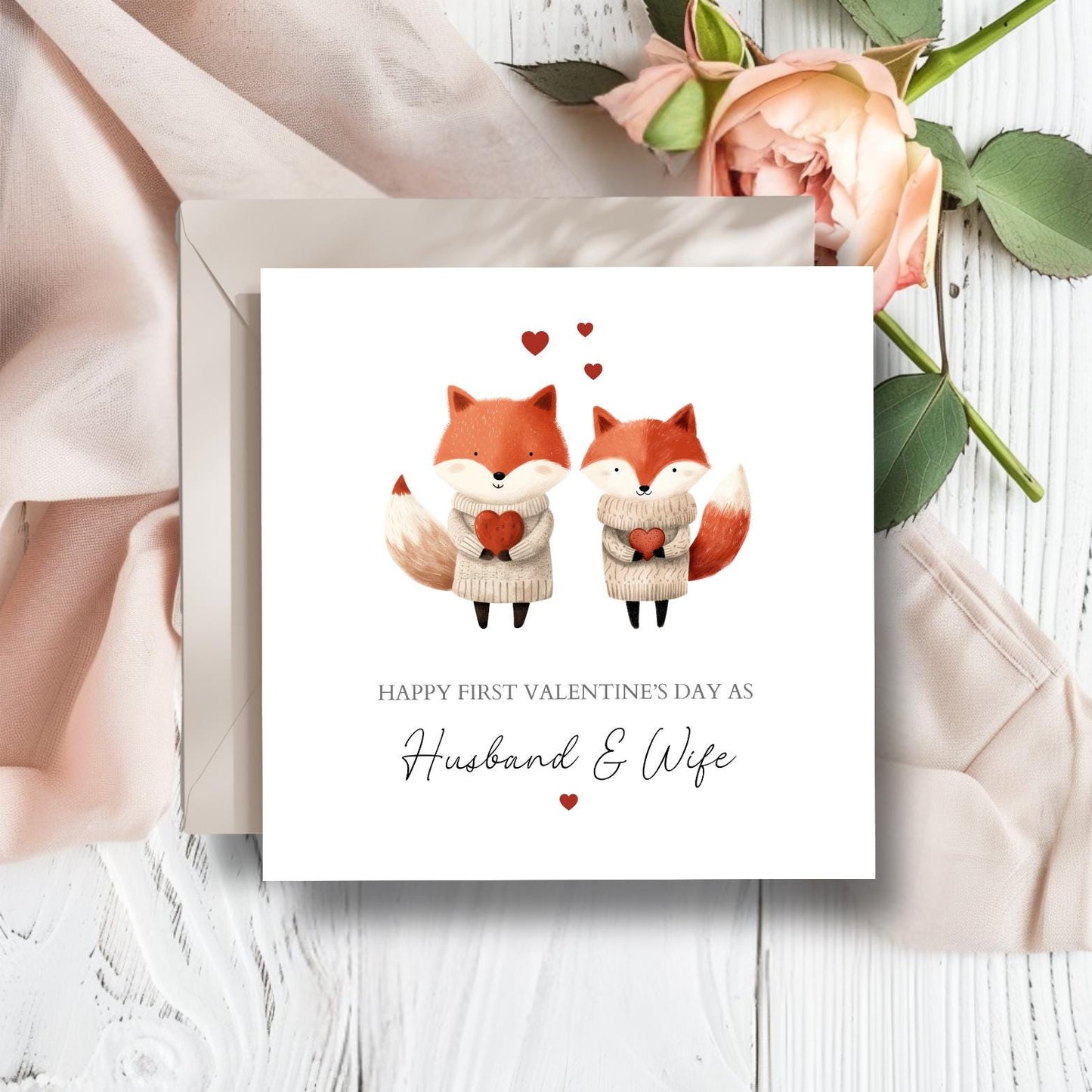 Personalised First Valentines Day Married Card, 1st Valentine's Together, Valentine Card for Husband & Wife, Fox Couple Design