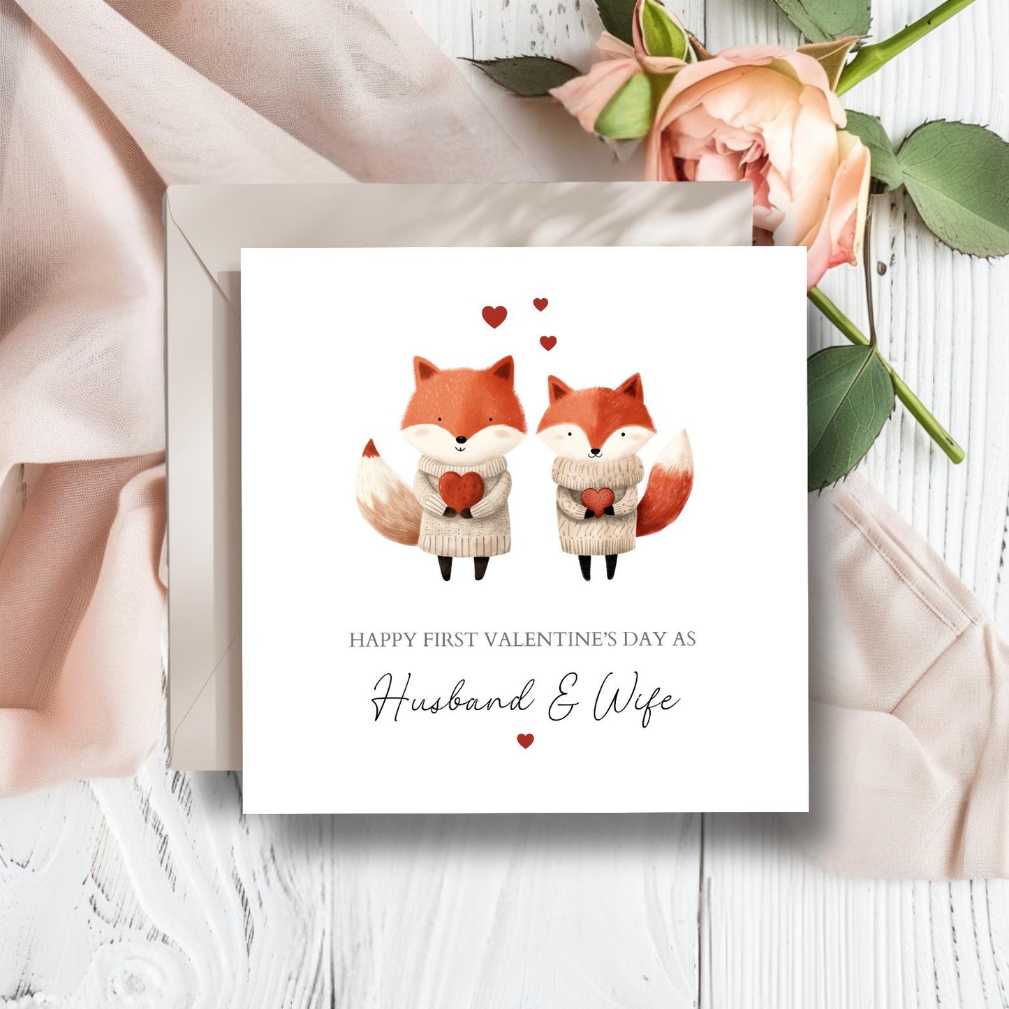 Personalised First Valentines Day Married Card, 1st Valentine's Together, Valentine Card for Husband & Wife, Fox Couple Design