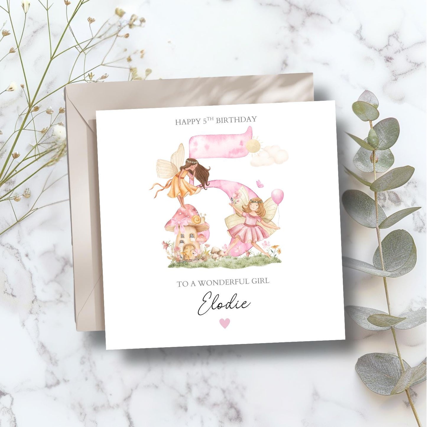 Personalised 5th Birthday Fairy Card |Fifth Birthday Magic Pink card |2nd, 3rd Birthday Card for Girl, Granddaughter, Daughter,Any Relation