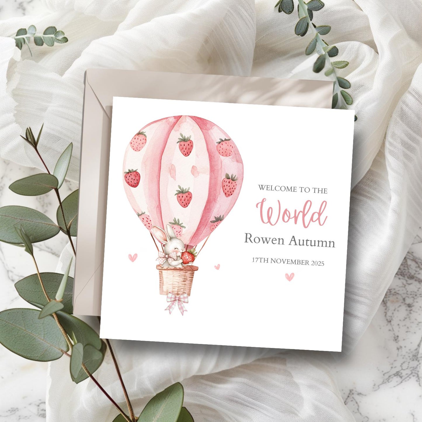 Personalised Strawberry Bunny New Baby Card| Welcome to the World Berry Bunny | Pink Bunny Card for Girl, Daughter, Granddaughter, Niece