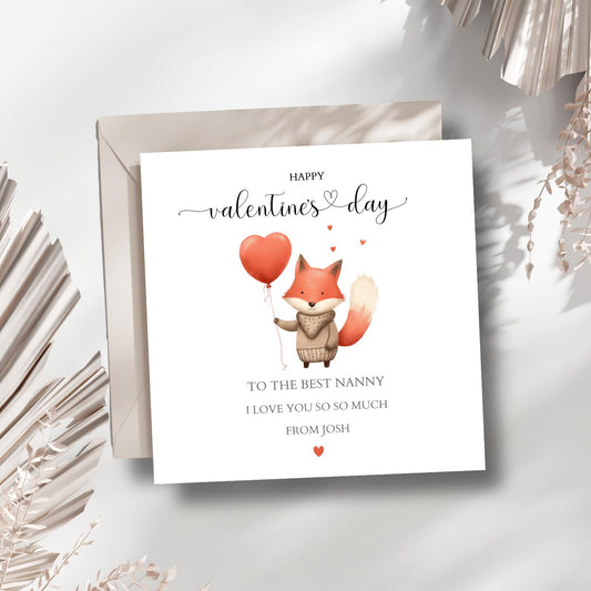 Personalised Nanny Valentine's Day Card, Fox Valentine's Card for Nana, Grandma, Mummy. Valentine's Day Card For Any Relation