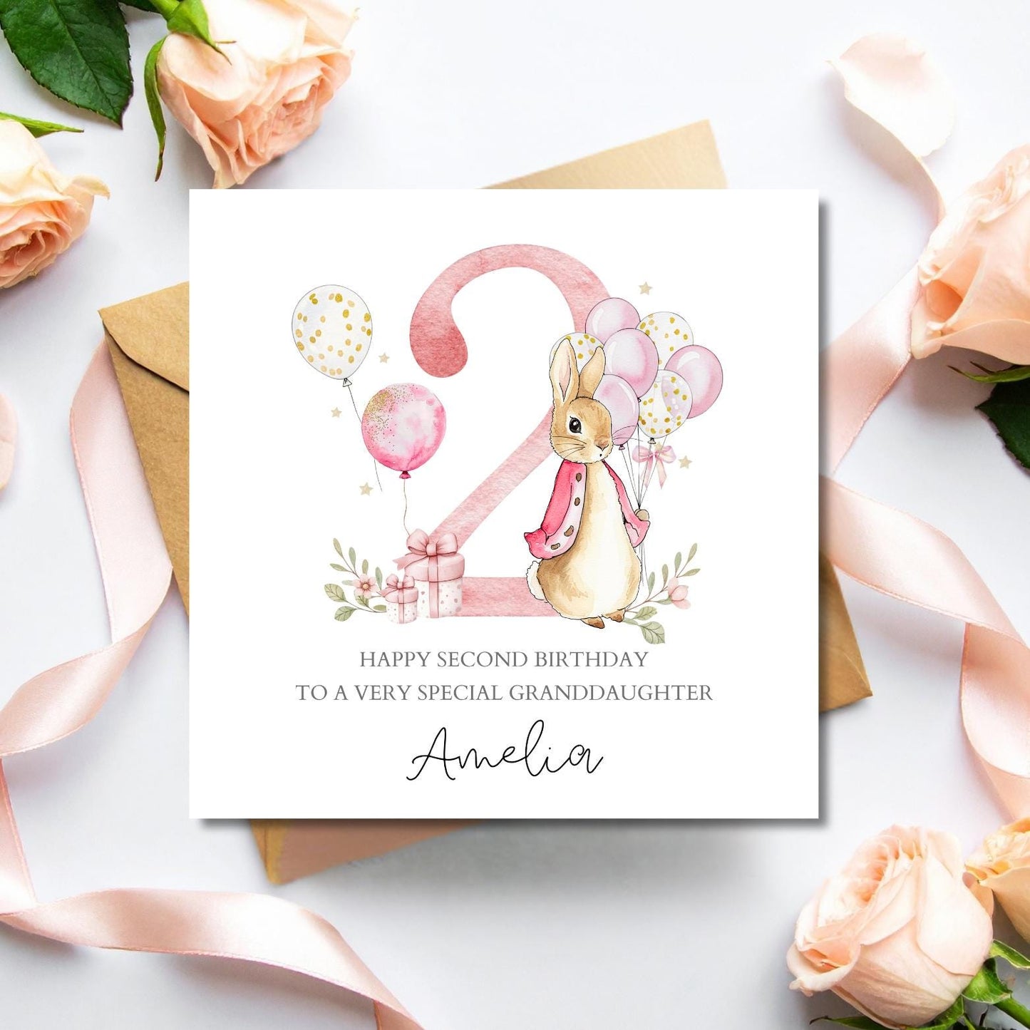 Personalised Peter Rabbit 2nd Birthday Card, Flopsy Bunny 2nd Birthday Card for Boy or Girl  ,Daughter, Grandson, Any Relation, Blue or Pink