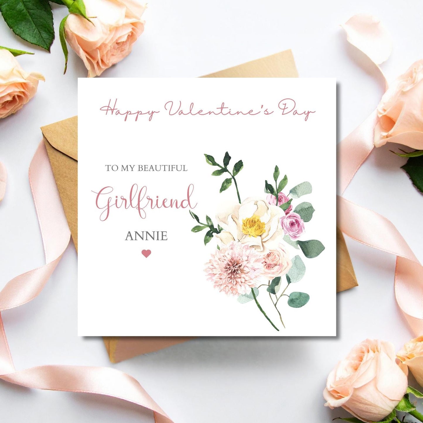 Personalised Wife Valentines Card, Personalised Flower Bouquet Couple Valentine Card, Valentines Card for Wife, Girlfriend, Fiancé