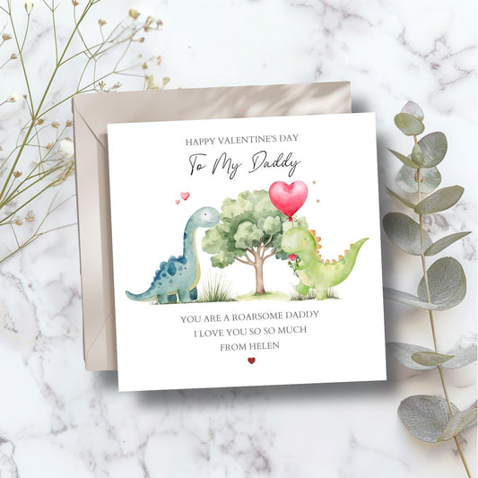 Personalised Dinosaur Daddy Valentine's Day Card, Roarsome Valentine's Card for Grandad, Nanny, Daddy, Mummy, Love Dino Design