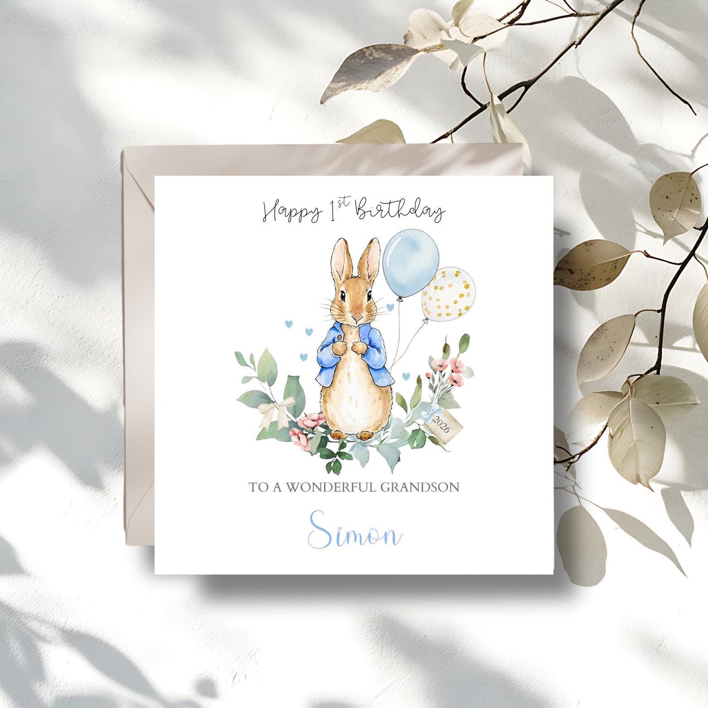 Personalised Peter Rabbit Birthday Card, Flopsy Bunny 1st, 2nd Birthday Card for Boy or Girl  ,Daughter, Grandson, Any Relation, Any Age