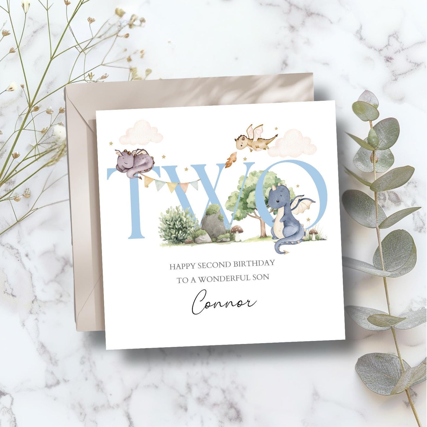Personalised Second Birthday Card With Dragons | Blue Birthday Dragon Card For Son |2nd Birthday Card for Boy, Grandson, Nephew,Any Relation