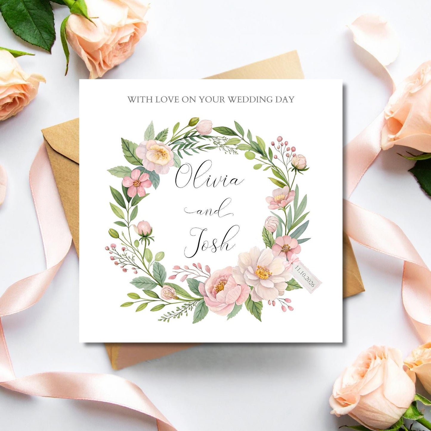 Personalised Wedding Wreath Card, Personalised On Your Wedding Day Card, Personalised <r & Mrs Pink Flowers Greenery Card, Wedding Pink Card