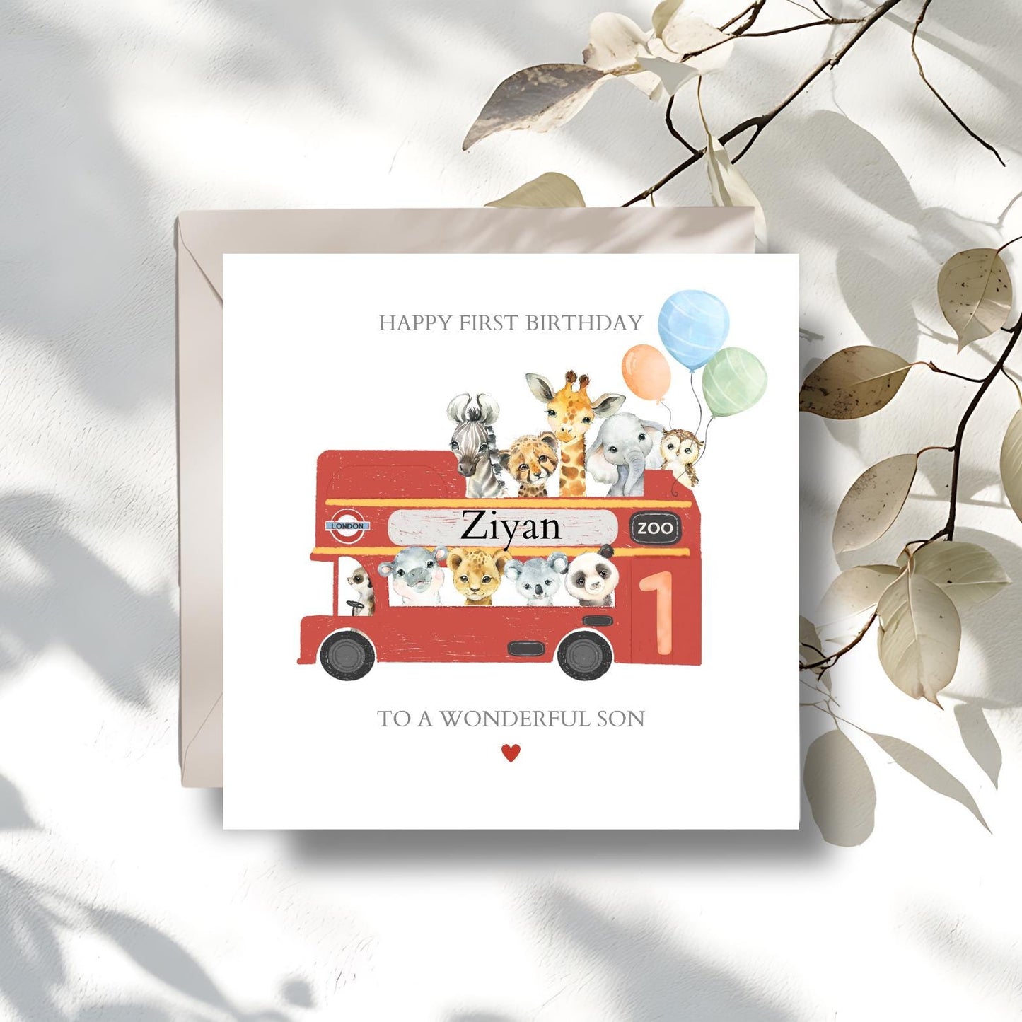Personalised Second Birthday Card Safari Animals London Bus | 2nd birthday Animals card | Second Birthday Card for Boy, Son, Grandson