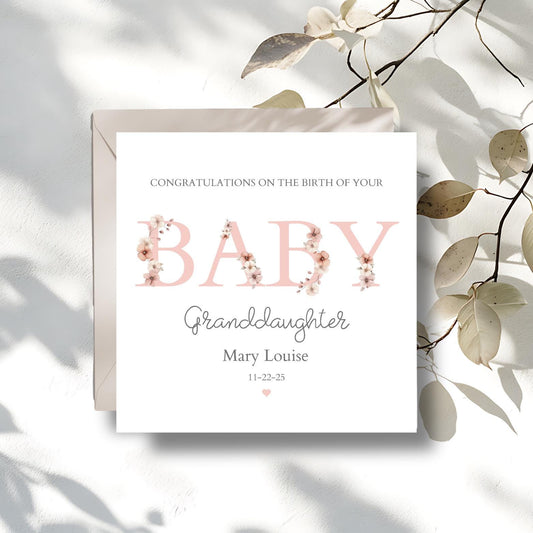 Personalised New Granddaughter Card, New Grandmother Card, Baby Girl Card for Goddaughter Any Relation