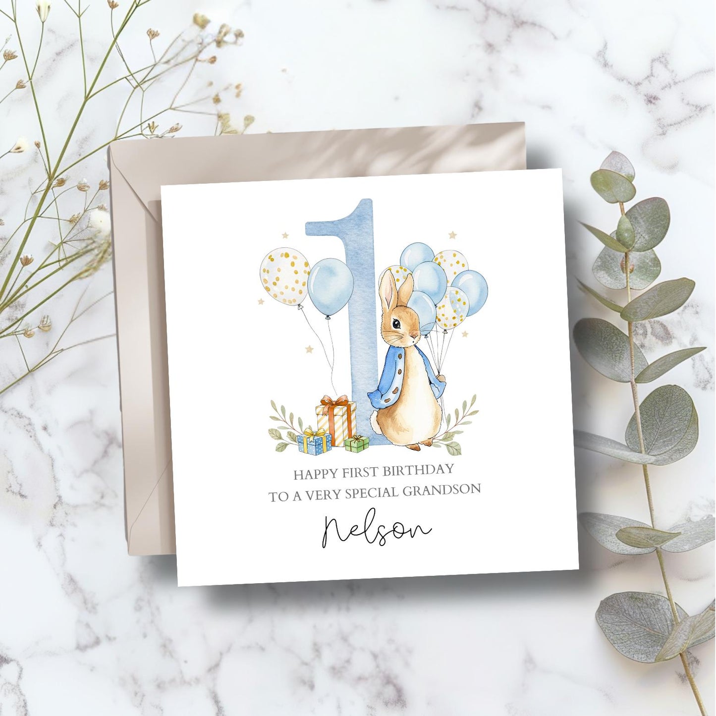 Personalised Peter Rabbit 4th Birthday Card, Flopsy Bunny Fourth Birthday Card for Boy Girl  ,Daughter ,Grandson, Any Relation, Blue or Pink