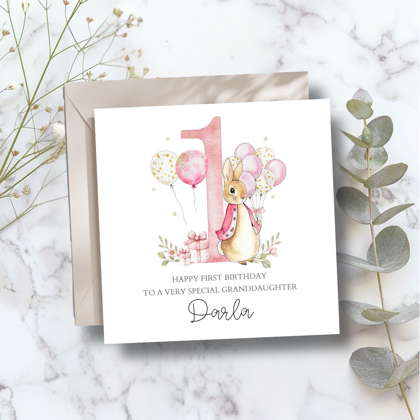 Personalised Peter Rabbit 2nd Birthday Card, Flopsy Bunny 2nd Birthday Card for Boy or Girl  ,Daughter, Grandson, Any Relation, Blue or Pink