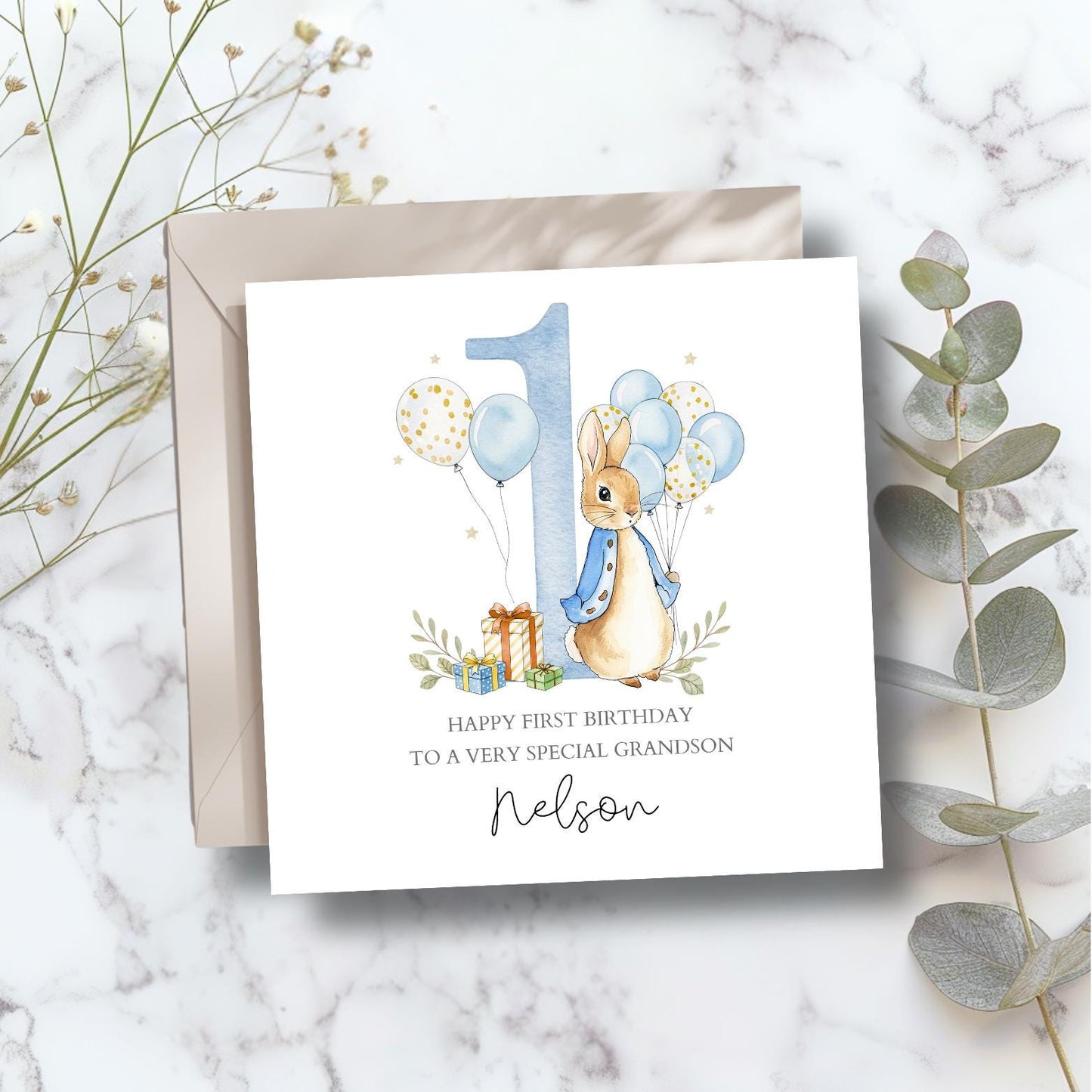 Personalised Peter Rabbit 2nd Birthday Card, Flopsy Bunny 2nd Birthday Card for Boy or Girl  ,Daughter, Grandson, Any Relation, Blue or Pink