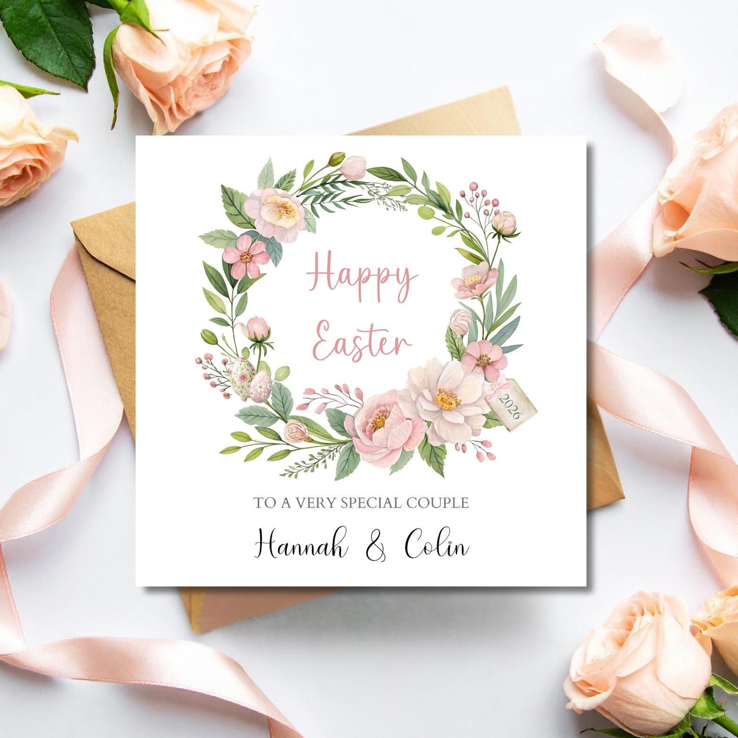 Personalised Mum and Dad Easter Card, Floral Wreath Easter Card, Mum Easter Card, Easter Card For Grandparents, Aunty, Uncle, Any Relation