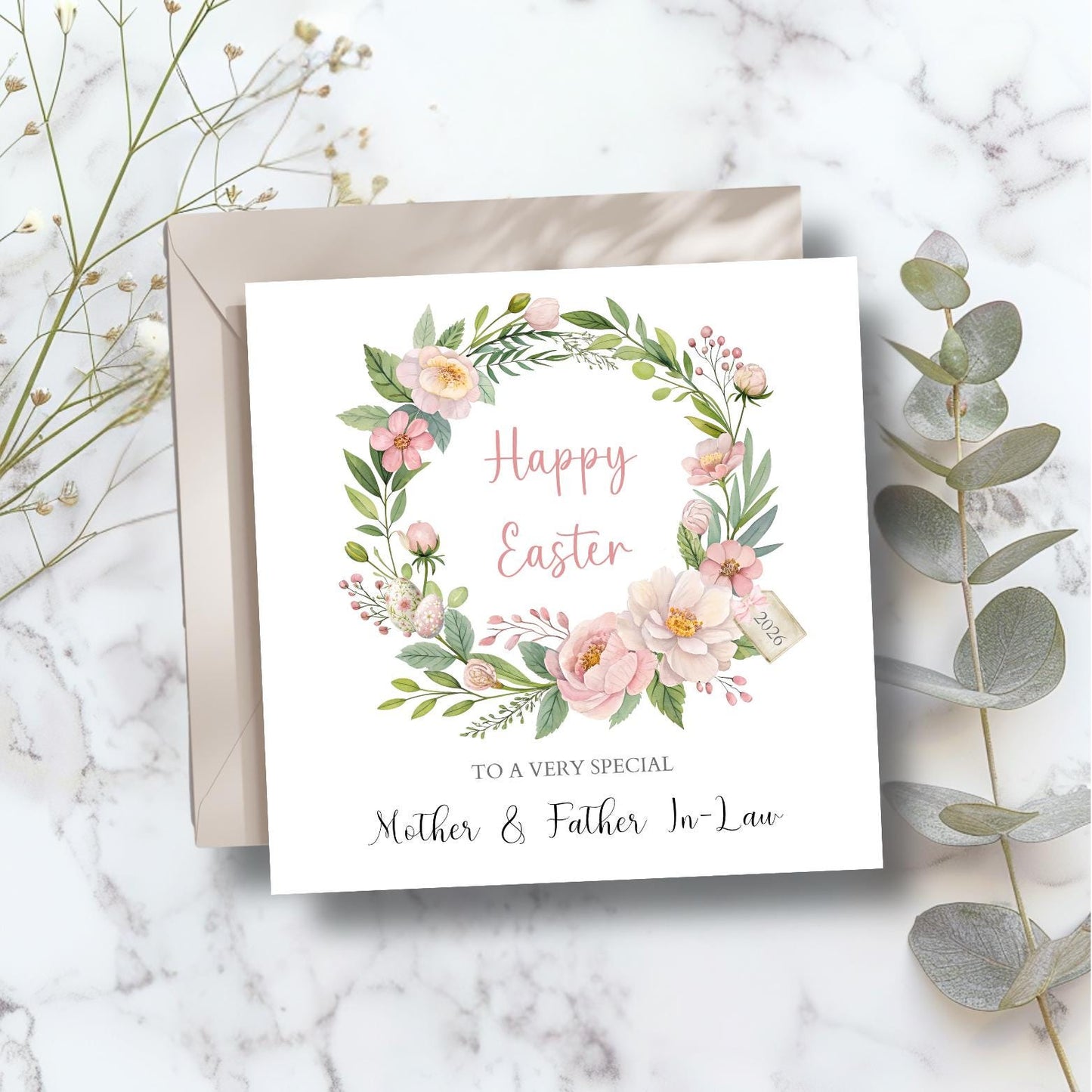 Personalised Couple Easter Card, Floral Wreath Easter Card, Mum Easter Card, Easter Card For Grandparents, Aunty, Uncle, Any Relation