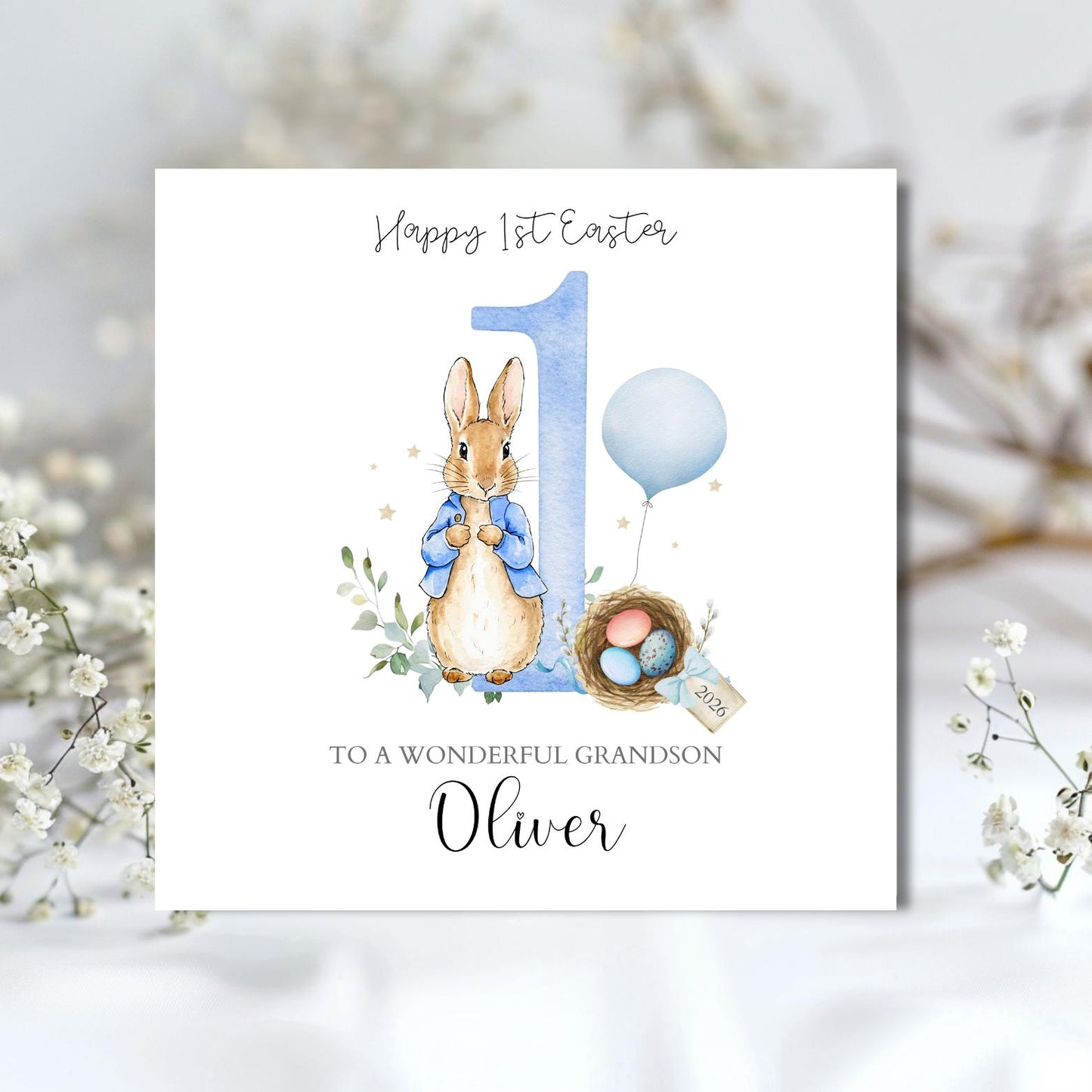 Personalised Peter Rabbit Easter Card, Flopsy Bunny 1st Easter for Girl or Boy ,Easter Card for Granddaughter, Grandson, Son, Any Relation,