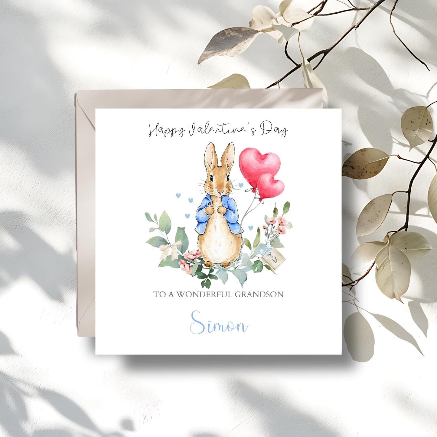 Personalised Peter Rabbit Valentine's Card, Flopsy Bunny Valentine Card for Girl or Boy, for Son, Granddaughter, Grandson, Any Relation,