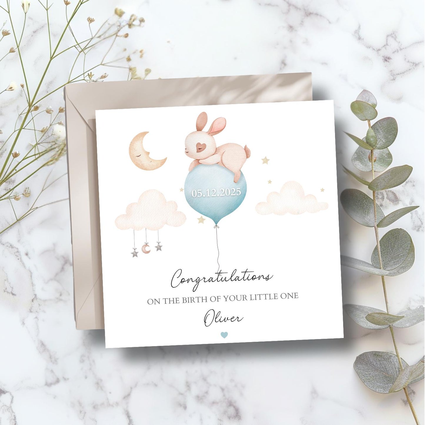 Personalised New Baby Card Bunny ,Welcome to the World Bunny Card, Balloon Baby Card, New Granddaughter, Niece, Sister, Colour Options