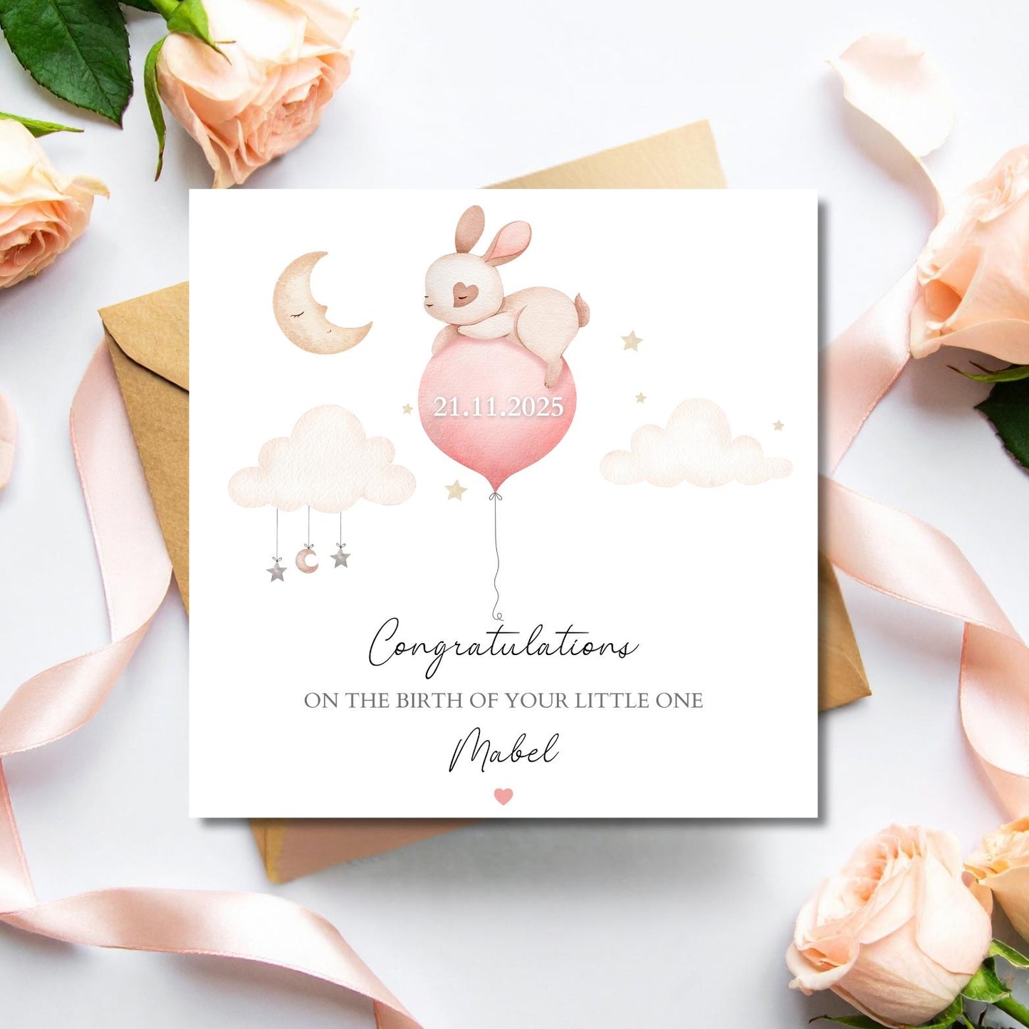 Personalised New Baby Card Bunny ,Welcome to the World Bunny Card, Balloon Baby Card, New Granddaughter, Niece, Sister, Colour Options