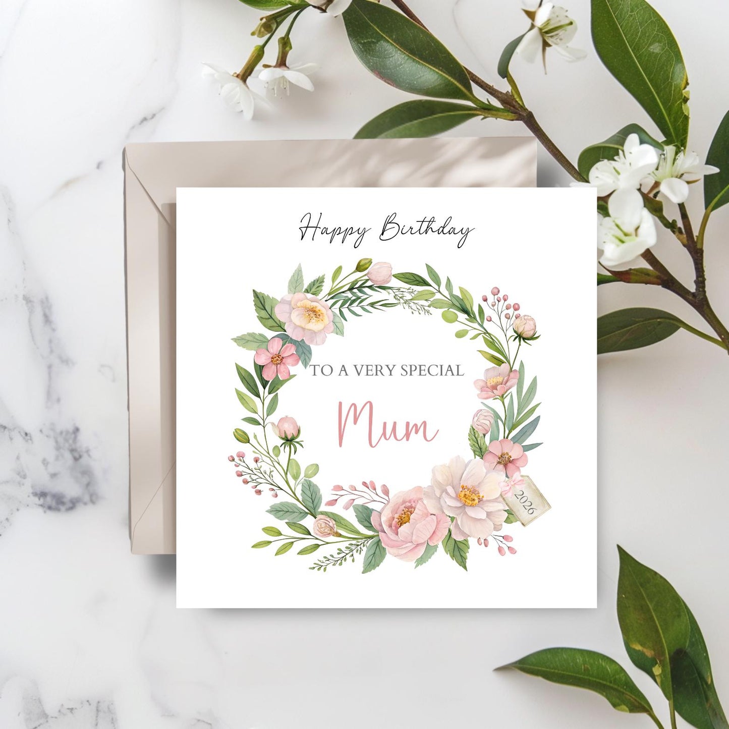 Personalised Mom Birthday Card -Floral Wreath Birthday Mum Card -Elegant Mum Birthday Card for her Mother- Flower Design Mother Card