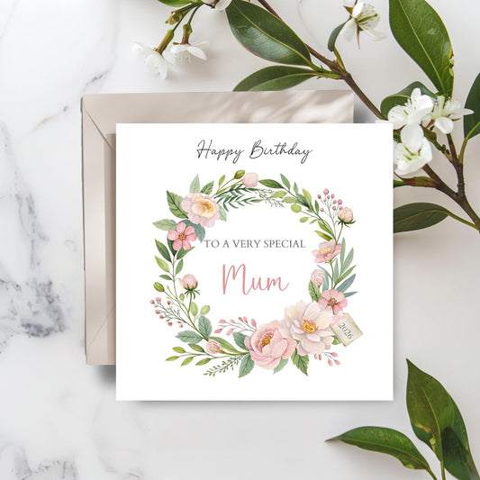 Personalised Mom Birthday Card -Floral Wreath Birthday Mum Card -Elegant Mum Birthday Card for her Mother- Flower Design Mother Card