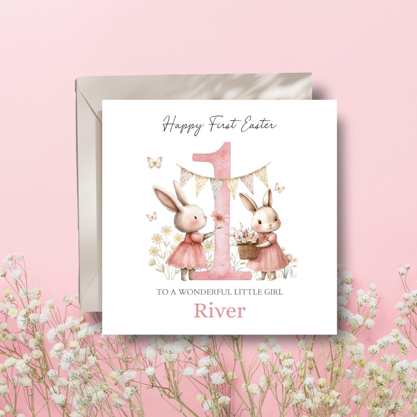 Personalised First Easter Card, 1st Easter Bunny Card, Babies Girl Easter Card, Pink  Easter Card for granddaughter, daughter, niece