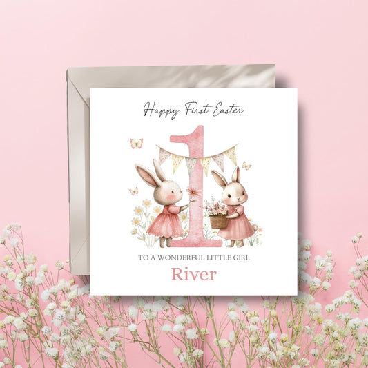 Personalised First Easter Card, 1st Easter Bunny Card, Babies Girl Easter Card, Pink  Easter Card for granddaughter, daughter, niece