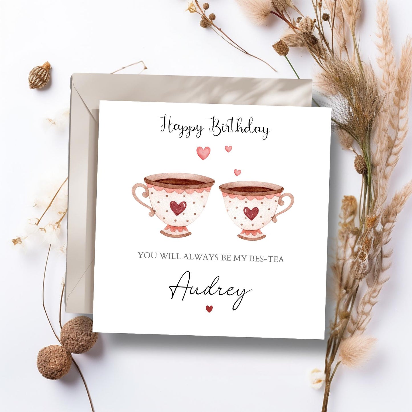 Personalised Bestie Birthday Card, Personalised Tea Cup Valentine Card, Cute Bes-Tea Birthday Card for Bestie, Friend, Mum, Any Relation