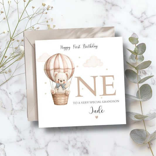 Personalised First Birthday Card Balloon Bear | Neutral birthday Bear card | One Birthday Card for Boy, Girl, Son, Grandson, Granddaughter