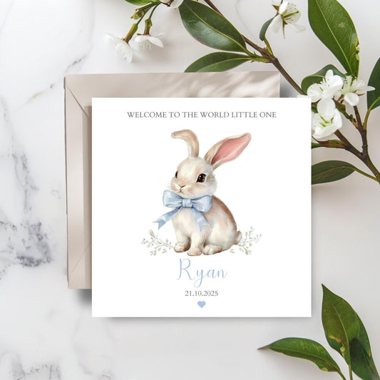 Personalised New Baby Card Bunny ,Welcome to the World Bunny Card, Cute Rabbit Baby Card, New Grandson, Nephew, Brother, Colour Options