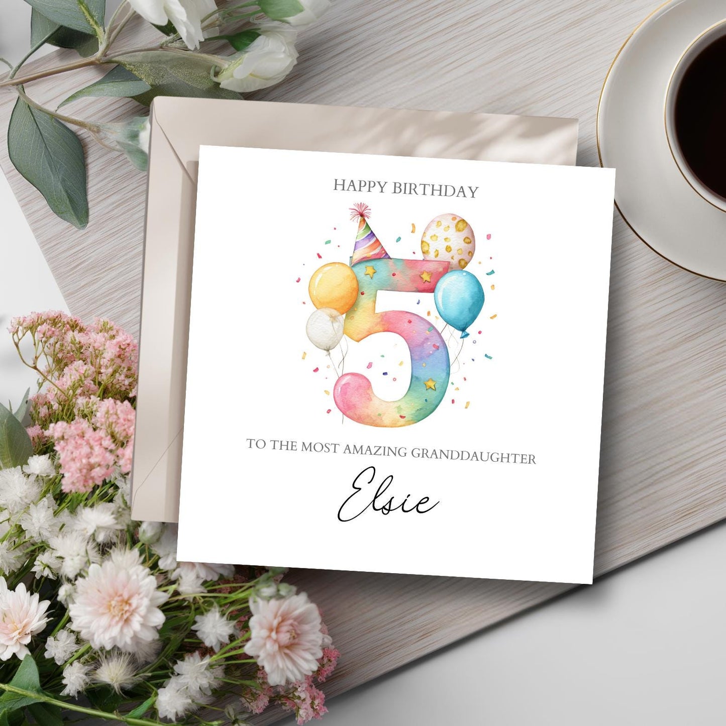 Personalised Fifth Birthday Card, 5th Birthday Card, Rainbow Party Card For Daughter, Granddaughter, Niece. Any Age and Relation