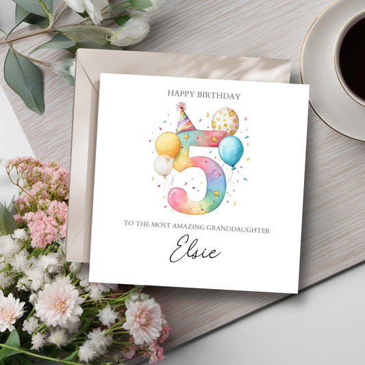 Personalised Fifth Birthday Card, 5th Birthday Card, Rainbow Party Card For Daughter, Granddaughter, Niece. Any Age and Relation