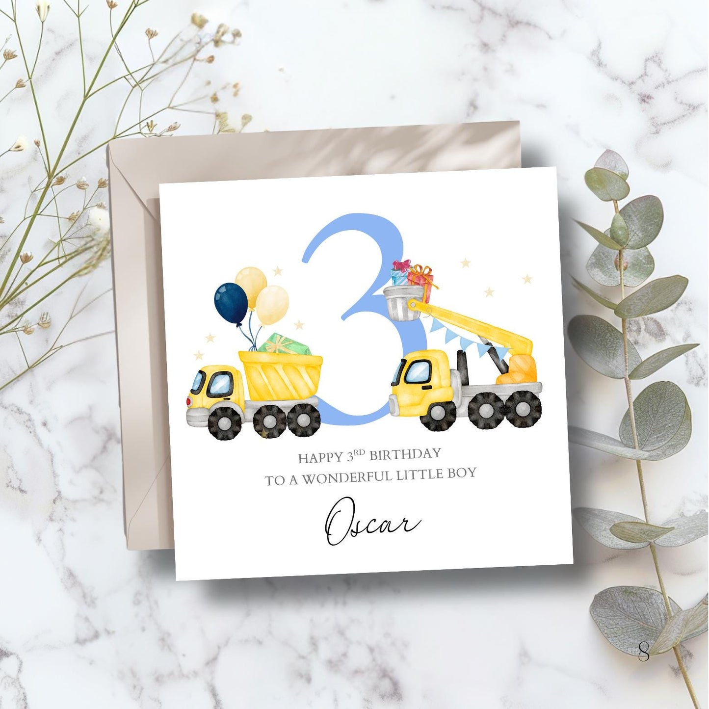 Personalised Birthday Digger Card-Construction Birthday Card-Personalised 3rd Birthday Construction Digger Birthday Card-Tractor Card
