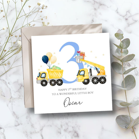 Personalised Birthday Digger Card-Construction Birthday Card-Personalised 3rd Birthday Construction Digger Birthday Card-Tractor Card