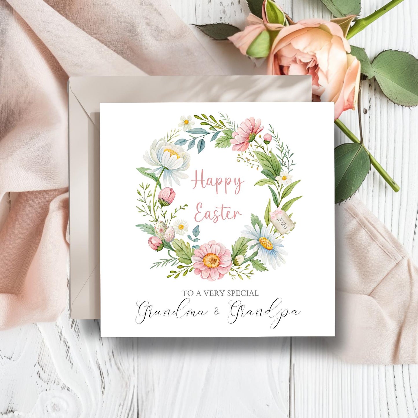 Personalised Mum and Dad Easter Card, Floral Wreath Easter Card, Mum Easter Card, Easter Card For Grandparents, Aunty, Uncle, Any Relation