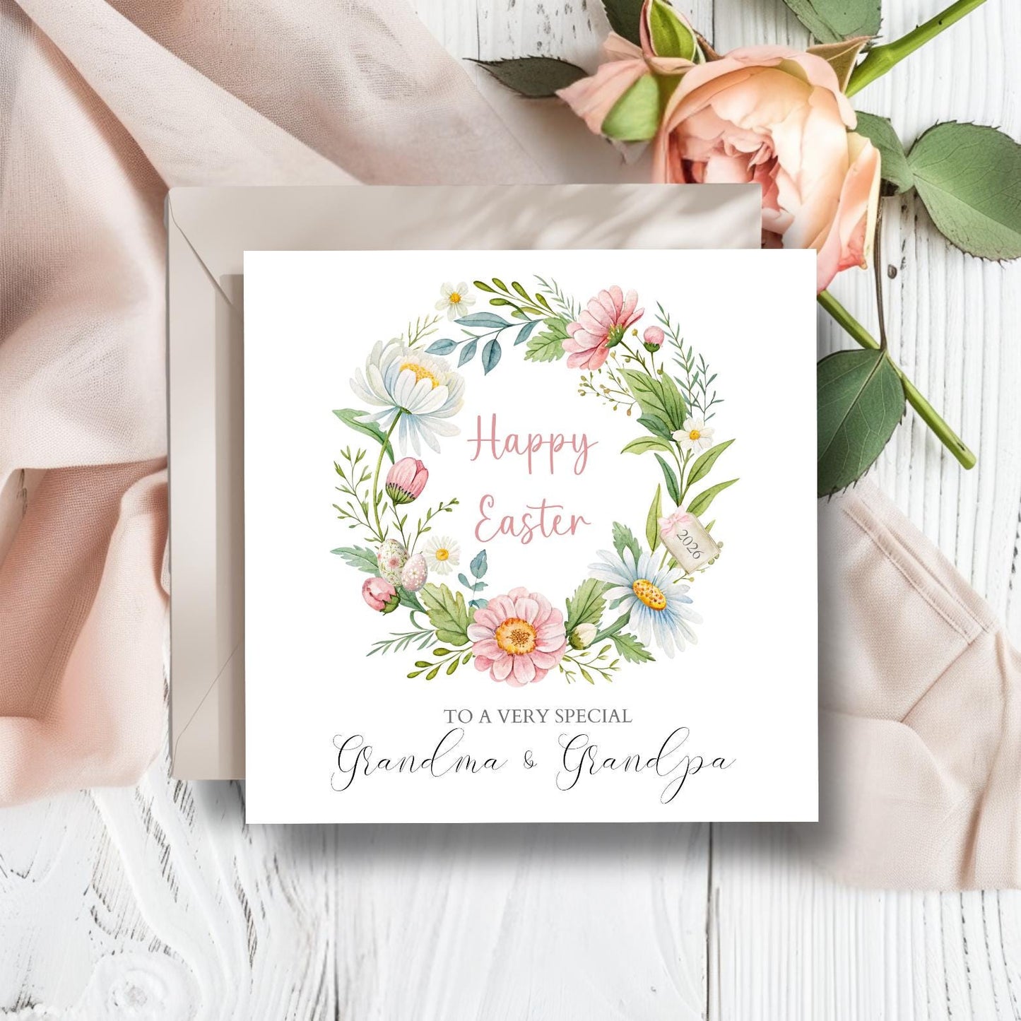 Personalised Grandma and Grandpa Easter Card, Floral Wreath Easter Card, Grandparents Easter Card, Easter Card For Aunty, Uncle,Any Relation