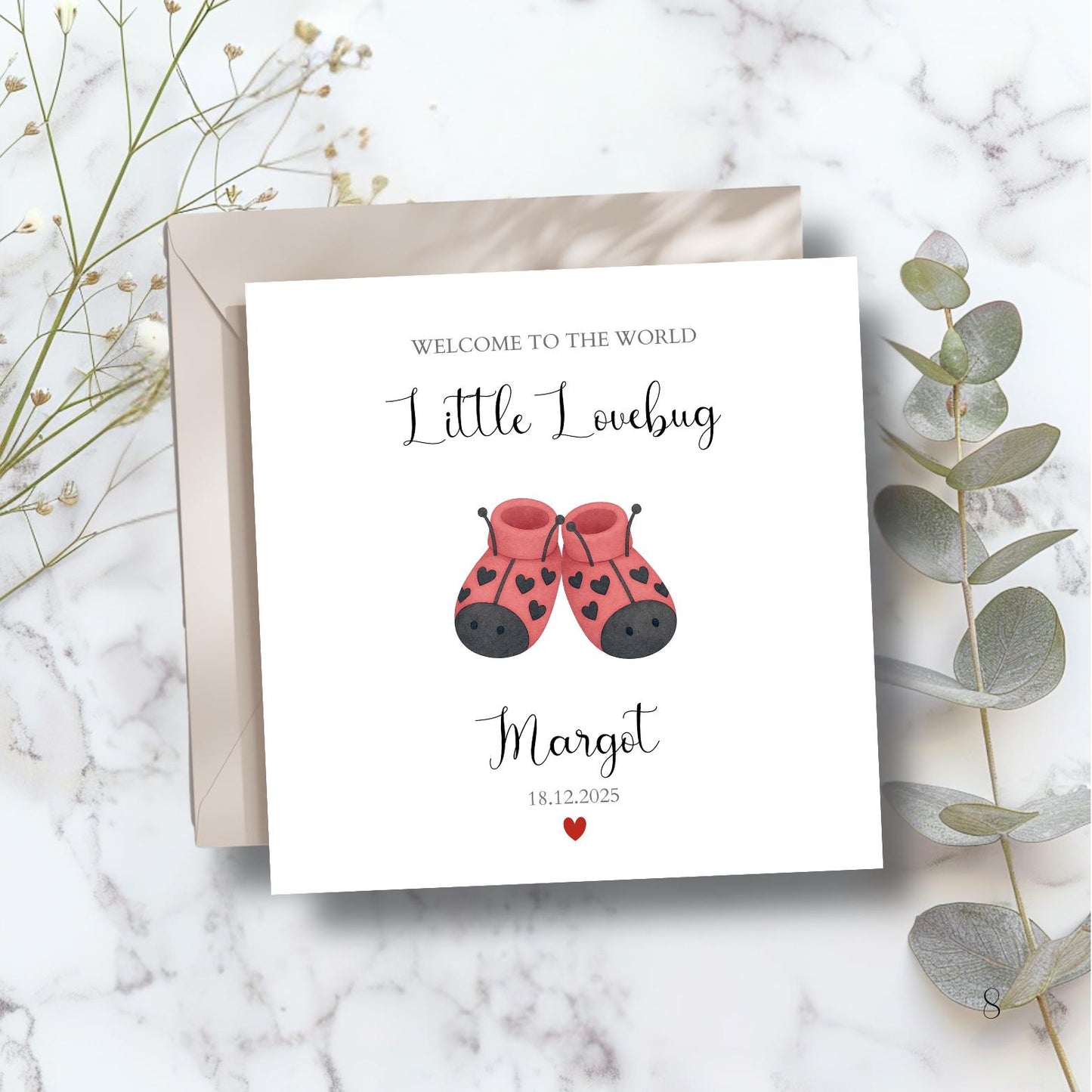 Personalised Lovebug New Baby Card, Welcome to the World Ladybird Card, Cute Lovebug Baby Card, New Granddaughter ,Sister, Niece