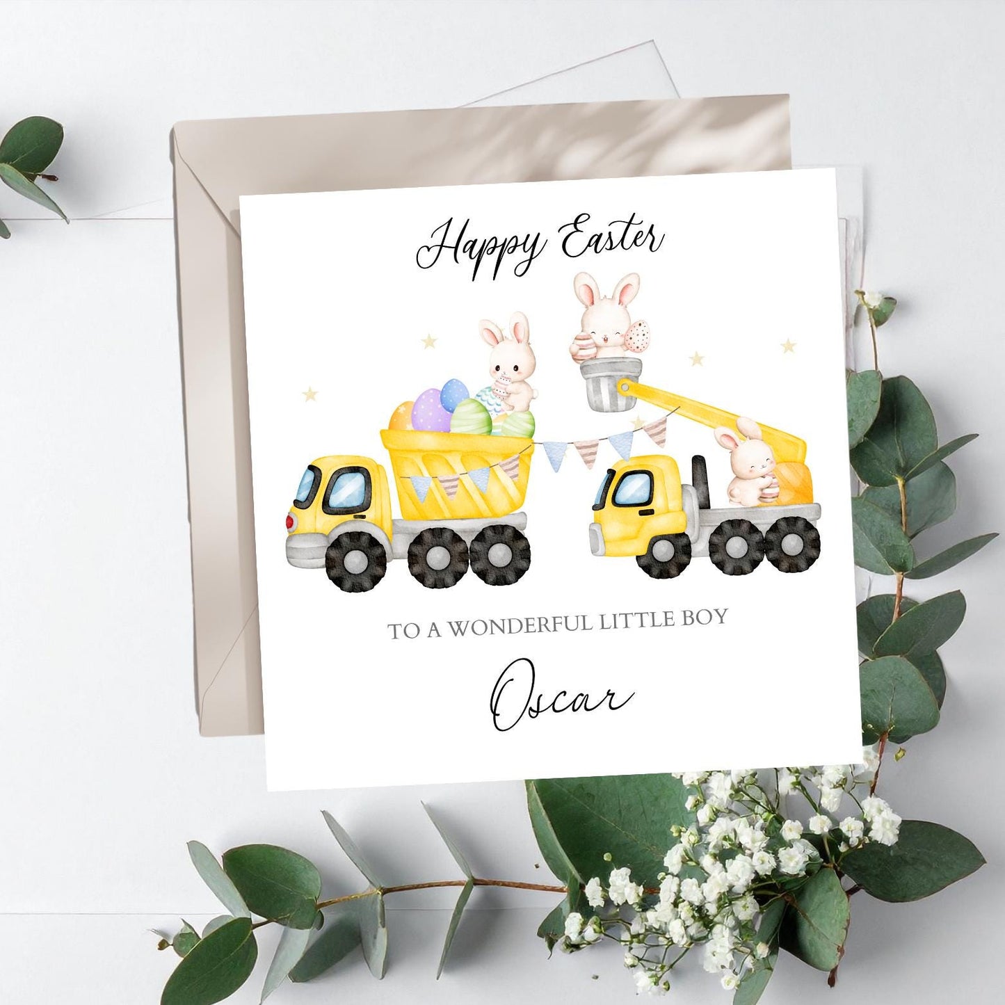 Personalised Construction Easter Card, 1st Easter Dinner Card, Bunnies Digger Easter Card, Son , Grandson, Nephew Easter Card ,Any Relation