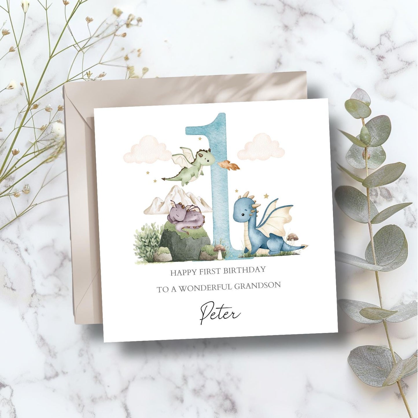 Personalised First Birthday Card With Dragons | Blue Birthday Dragon Card For Son | 1st Birthday Card for Boy, Grandson, Nephew,Any Relation