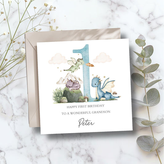 Personalised First Birthday Card With Dragons | Blue Birthday Dragon Card For Son | 1st Birthday Card for Boy, Grandson, Nephew,Any Relation