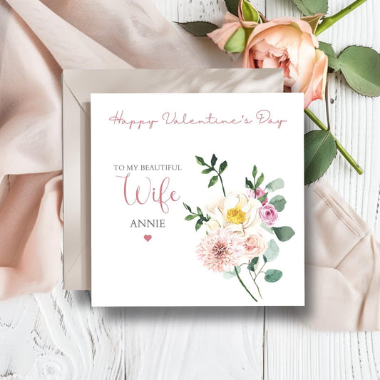 Personalised Wife Valentines Card, Personalised Flower Bouquet Couple Valentine Card, Valentines Card for Wife, Girlfriend, Fiancé