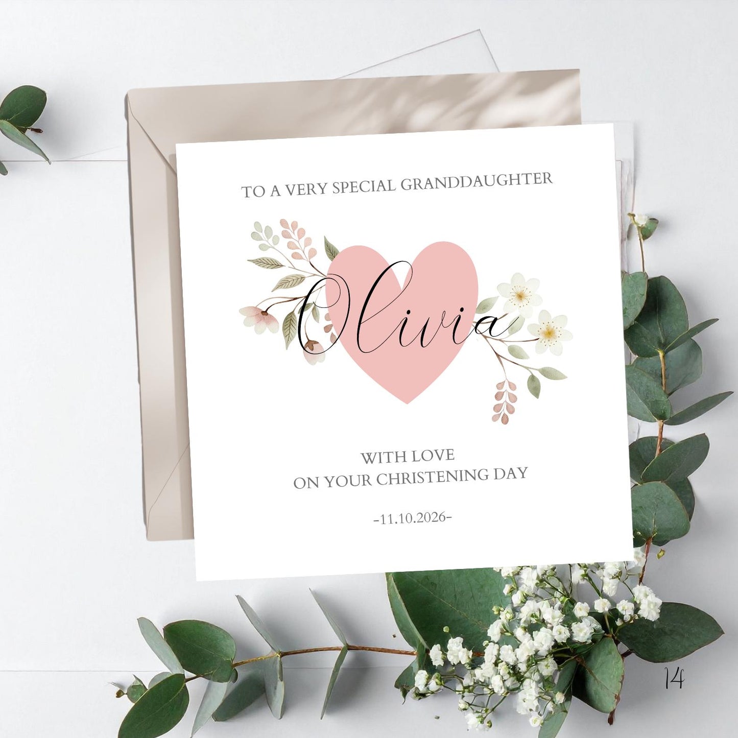 Personalised Granddaughter Christening Card, Baptism Flowers and Heart Card For Goddaughter, Niece, Christening Card for Girl