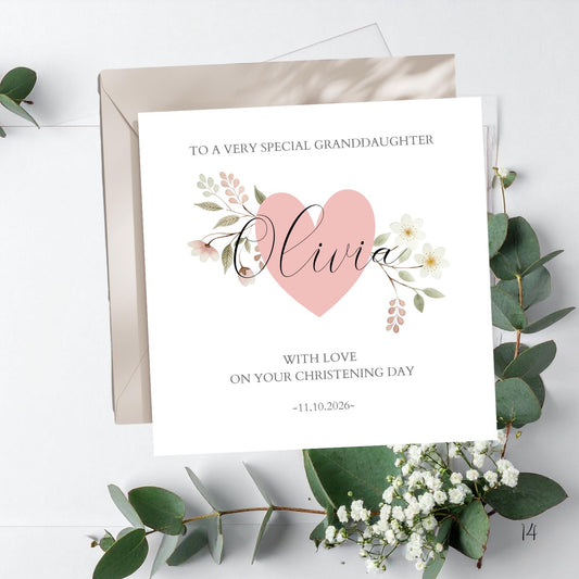 Personalised Granddaughter Christening Card, Baptism Flowers and Heart Card For Goddaughter, Niece, Christening Card for Girl